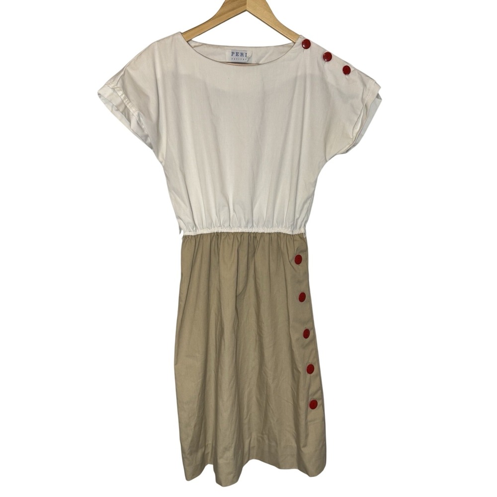 Peri Szanto White‎ & Beige Dress with Red Buttons, Vintage Style Size Petite